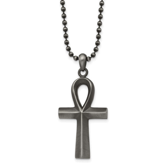 Stainless Steel Antiqued and White Bronze Plated Ankh 22in Necklace