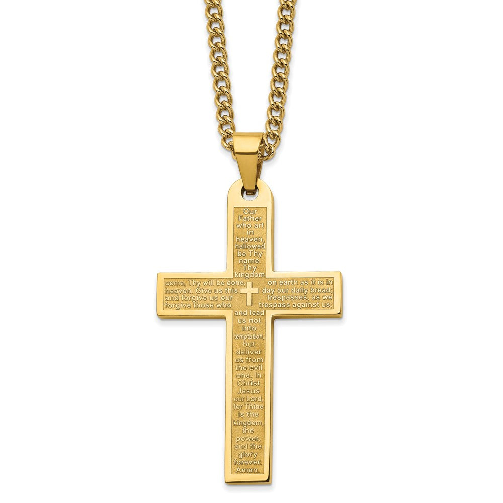Stainless Steel Polished Yellow IP-plated Lord's Prayer Cross 24" Necklace