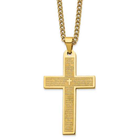 Stainless Steel Polished Yellow IP-plated Lord's Prayer Cross 24" Necklace