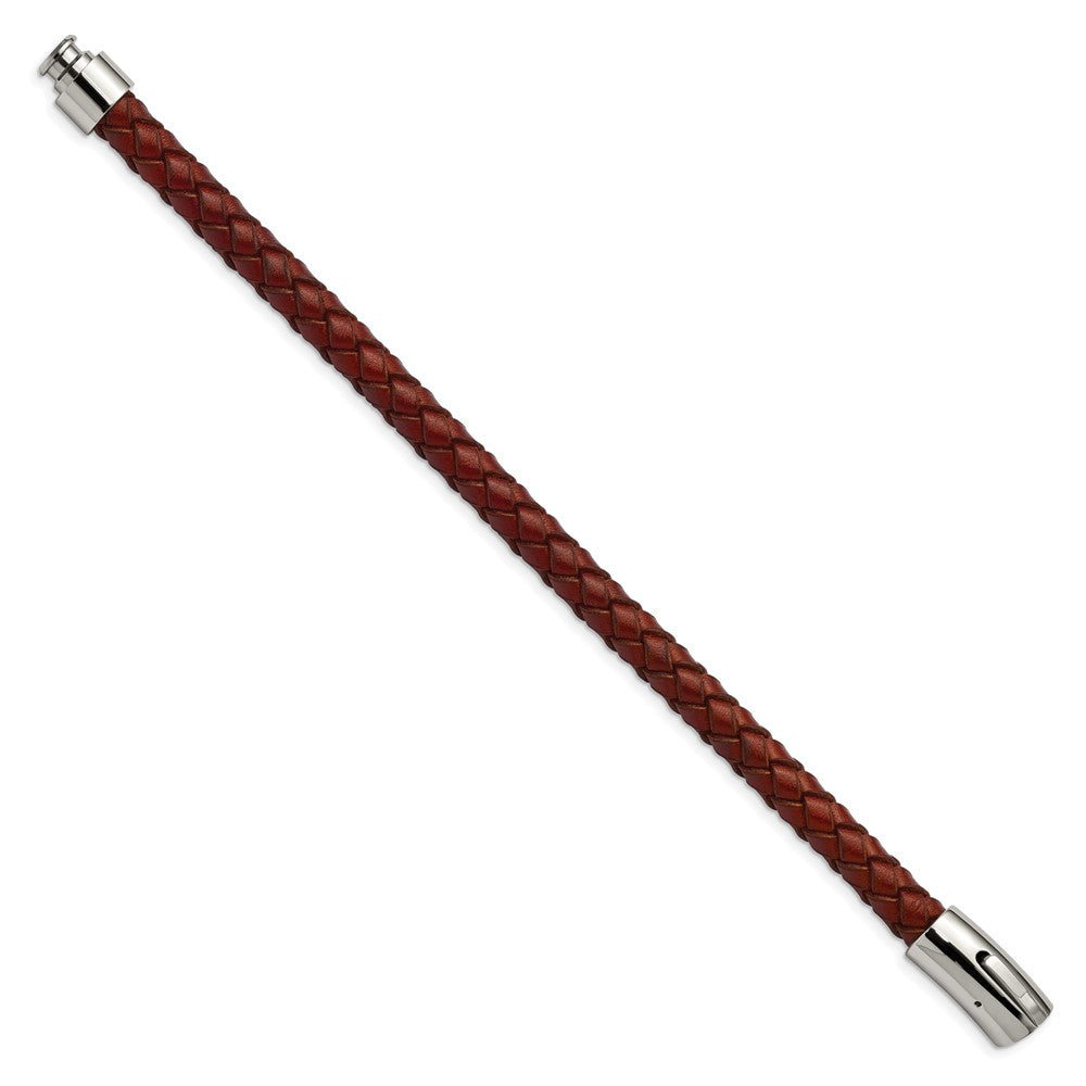 Stainless Steel Polished Brown Leather 8.5in Bracelet 8.5 inches