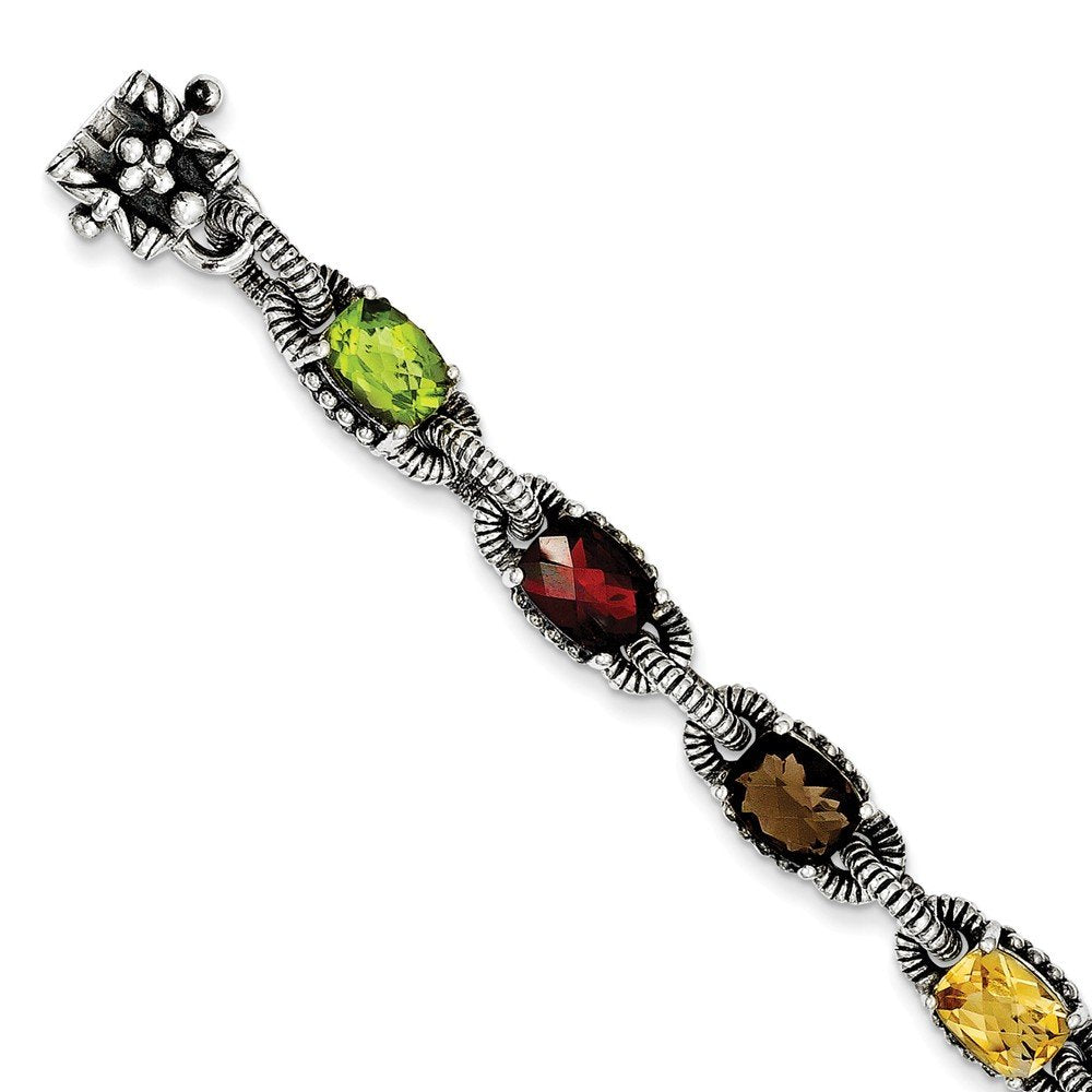 Shey Couture Sterling Silver 7.25 Inch Antiqued Cushion .86Amethyst/.86Citrine/1.10Garnet/.55Peridot/.86Smoky Quartz Bracelet 7.25 inches