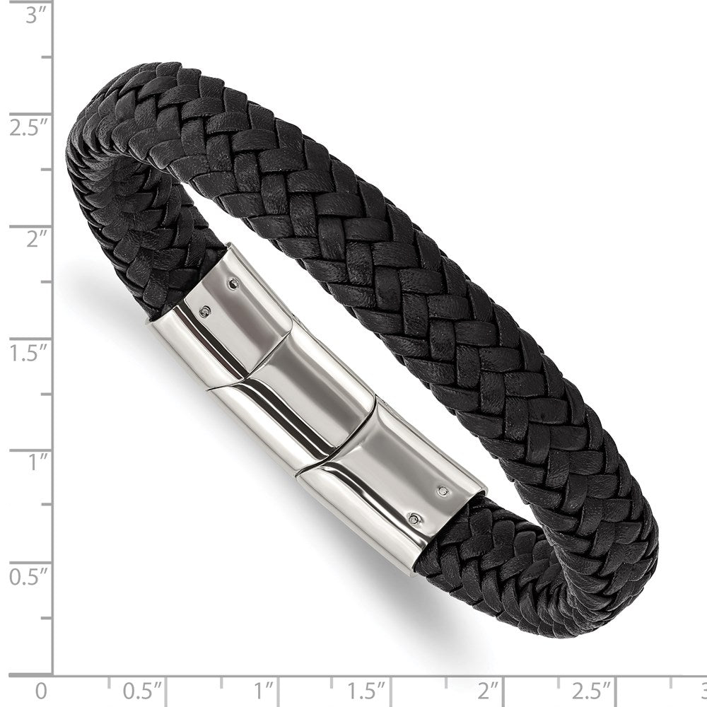 Stainless Steel Polished Black Woven Leather 8in w/.5in ext Bracelet 8 inches