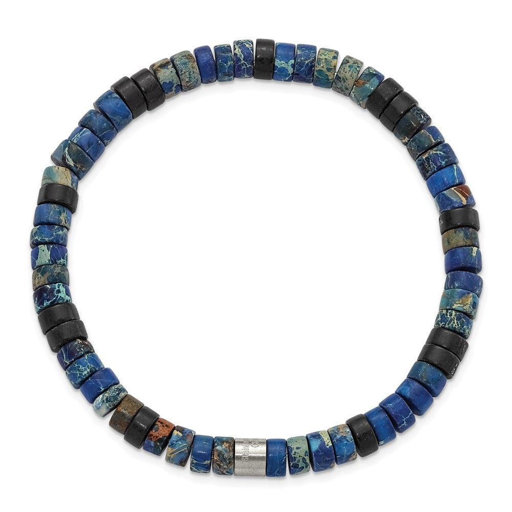 Stainless Steel Brushed Blue Sediment/Black Agate Stretch Bracelet