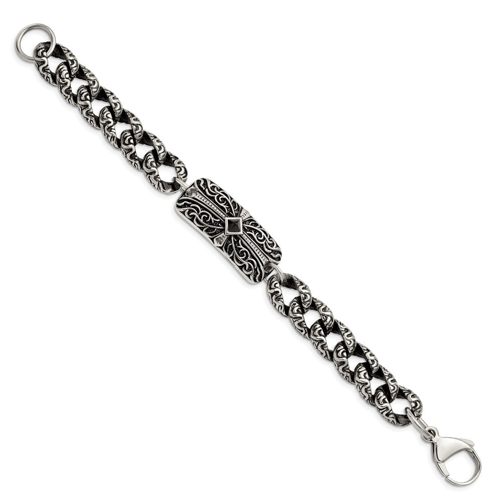 Stainless Steel Antiqued and Polished with Black Agate 9in Cross Bracelet 9 inches