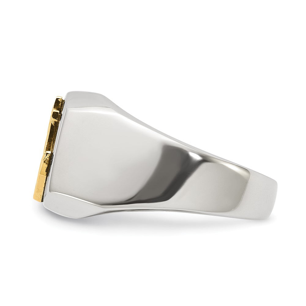 Chisel Stainless Steel Polished with Diamond-cut 14K Gold Accent Anchor with Black Enamel Signet Ring Size - 9