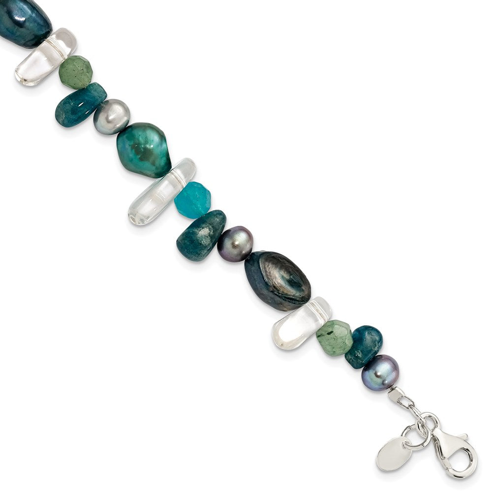 Sterling Silver Aventurine, Synthetic Blue Quartz/FWC Pearl Bracelet 7.75 inches