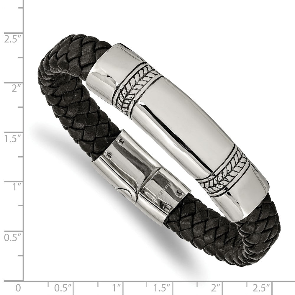 Stainless Steel Antiqued and Polished Black Leather 8.25in ID Bracelet 8.25 inches
