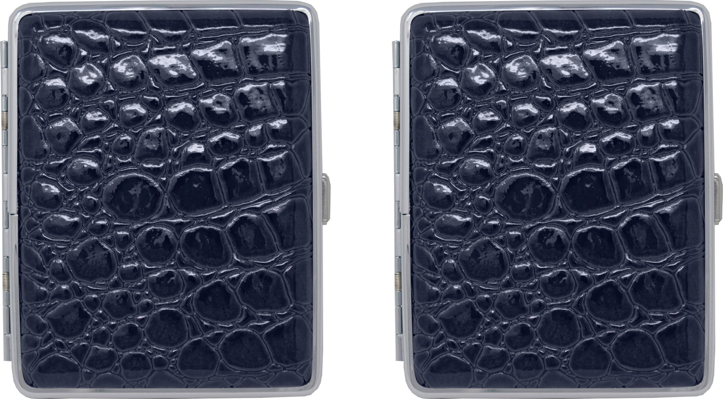 Set of 2 Metal-Plated 100s Leather Cigarette Case & Stash Box (Crocodile Navy)