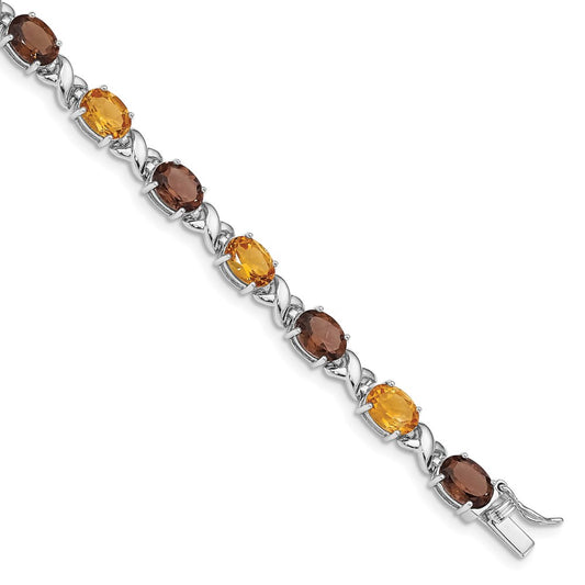 Sterling Silver Rhod-pltd Smoky Quartz/Citrine/Wh.Topaz Bracelet 7.5 inches