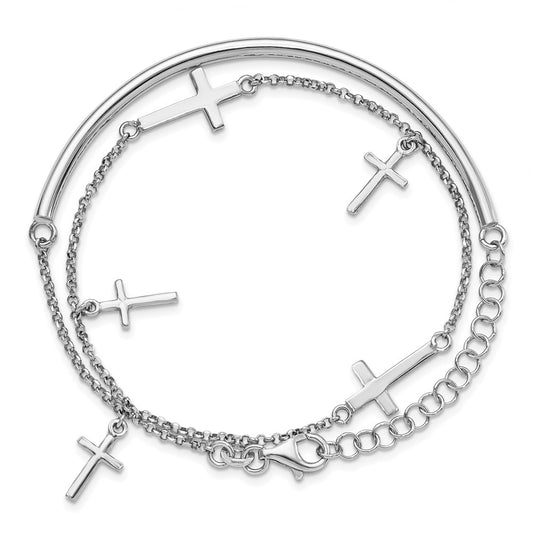 Sterling Silver RH-plt Polished Crosses w/2in ext. Wrap Bracelet 13  inches