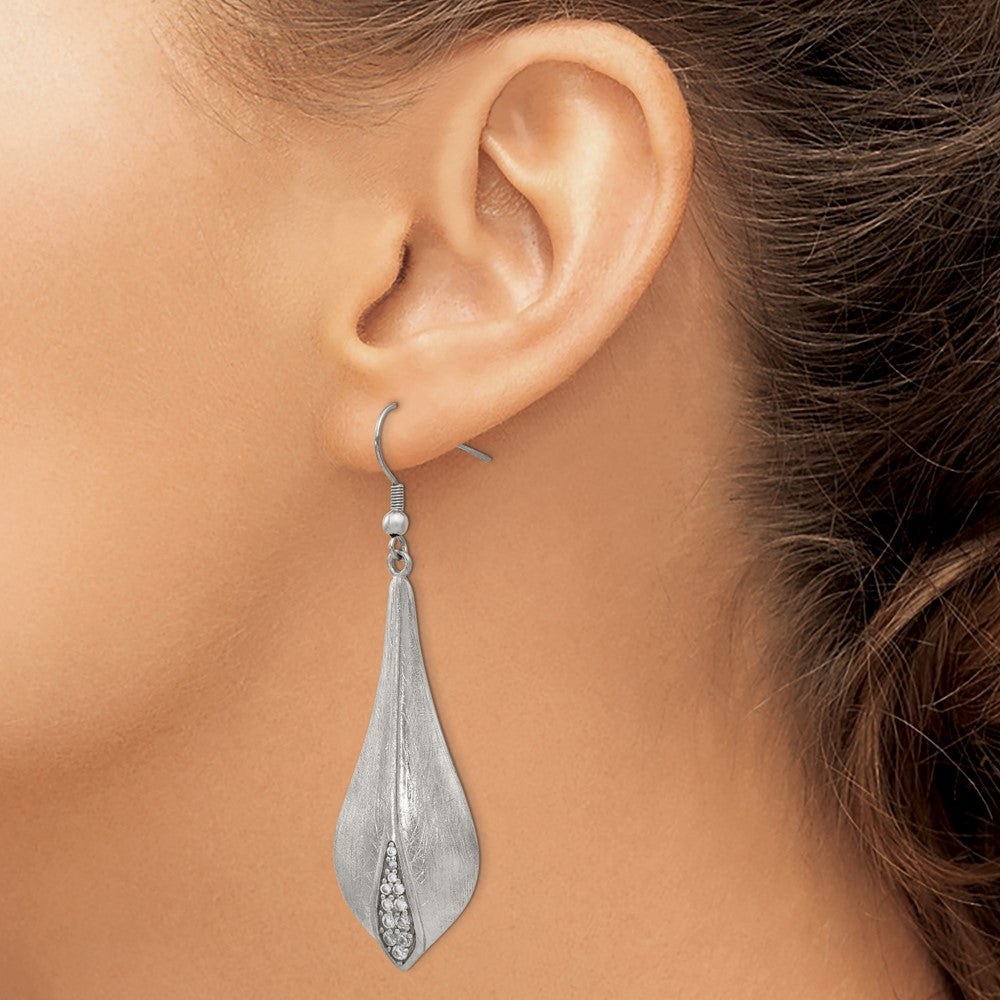 Stainless Steel Brushed and Polished CZ Dangle Shepherd Hook Earrings