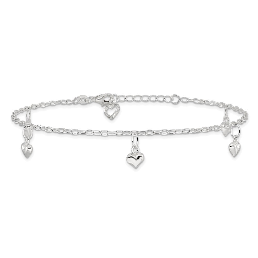 Sterling Silver Polished Puffed Heart 9in Plus1in Ext Anklet 9 inches