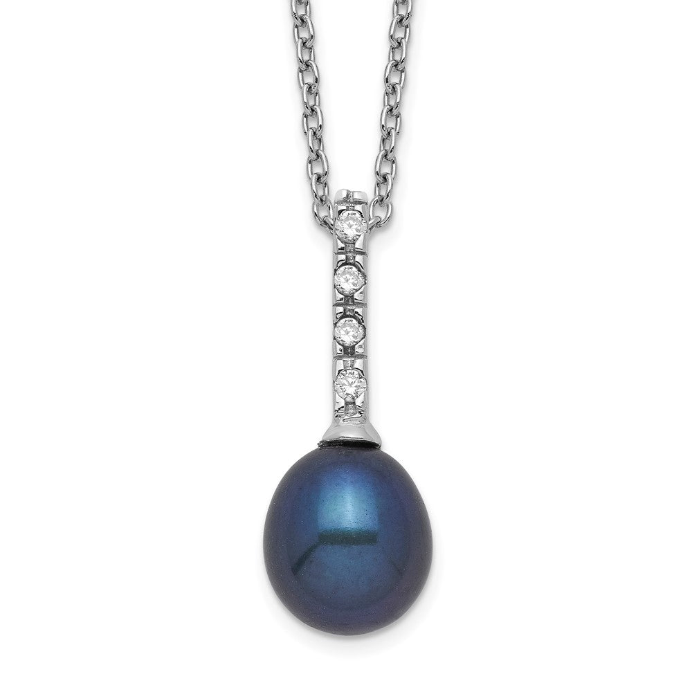 Sterling Silver Rhodium-plated 7-8mm Black Teardrop Freshwater Cultured Pearl and CZ 17 inch Necklace 17 Inches
