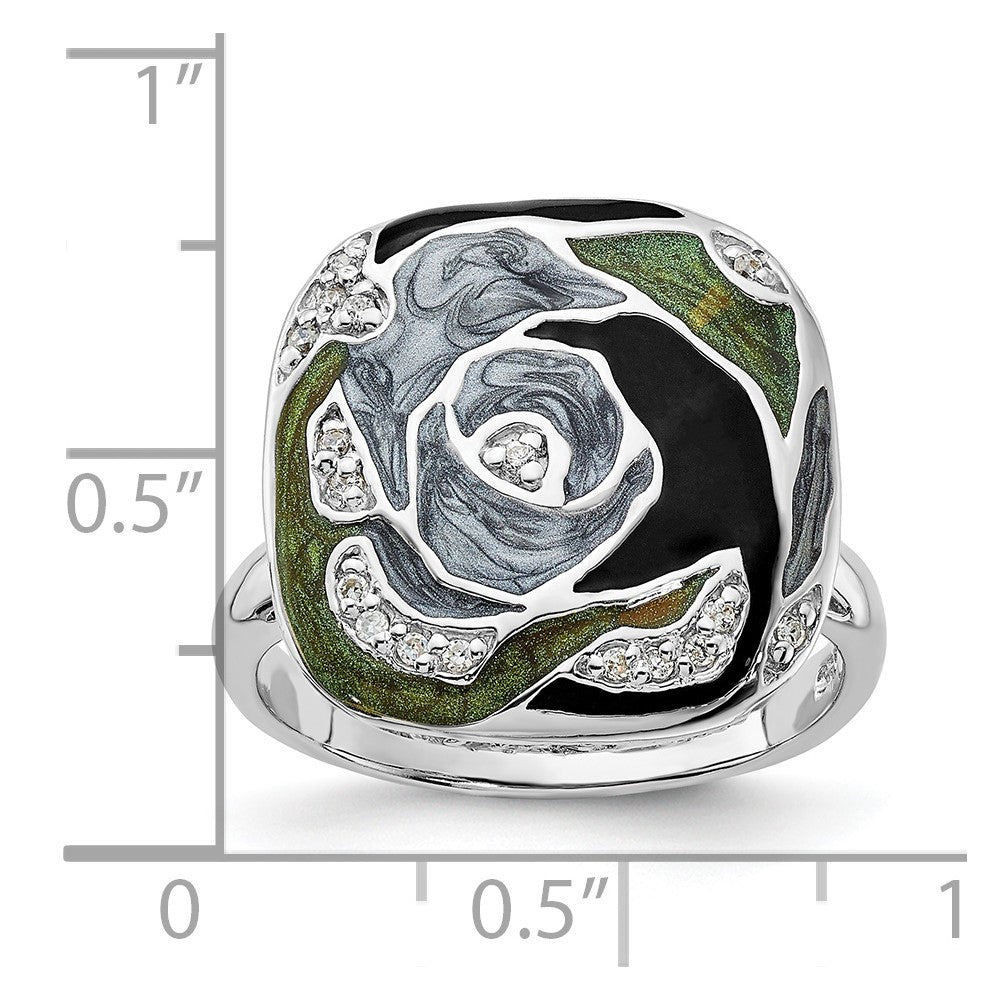 Sterling Silver Polished CZ with Green and Gray and Black Enamel Ring