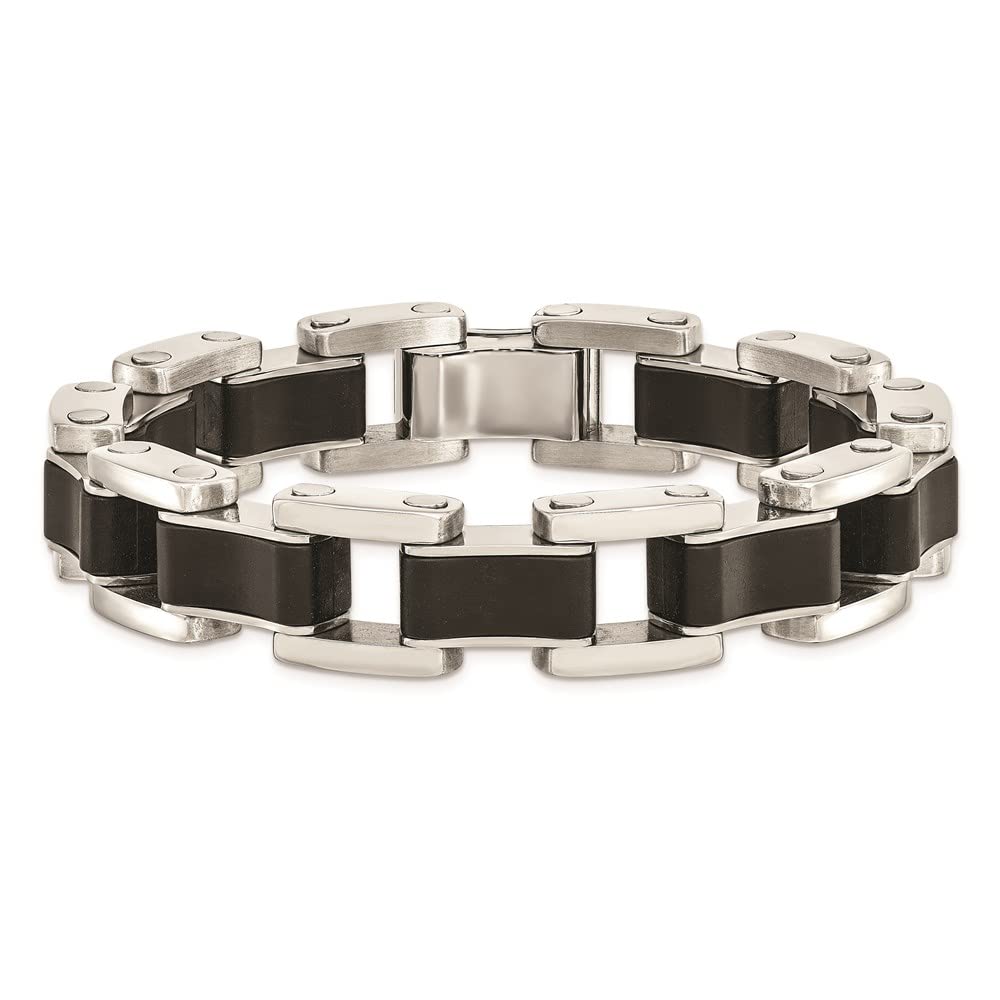 Stainless Steel Polished with Black Rubber 8.5in Bracelet 8.5 inches