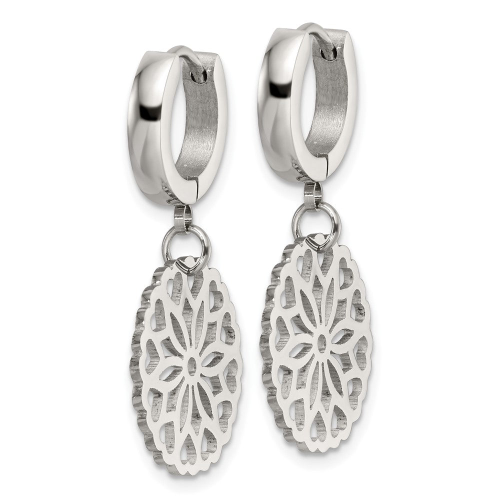 Stainless Steel Polished Flower Dangle Hinged Hoop Earrings