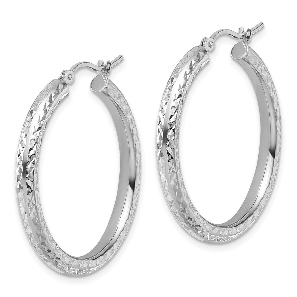 14K White Gold Diamond-Cut 3mm Round Hoop Earrings