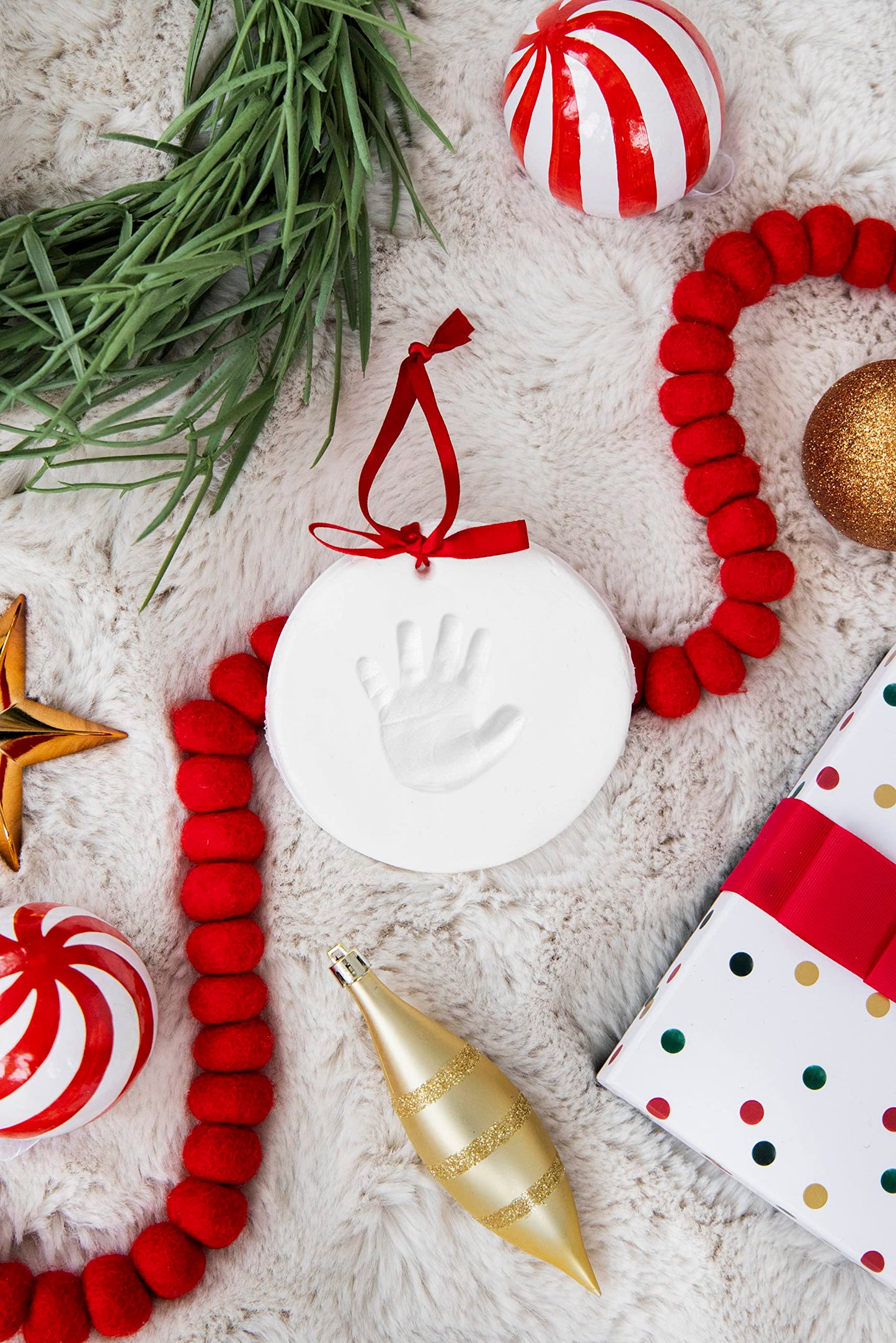 Pearhead White Clay Babyprints Round Holiday Decorative Accent Ornament, 5"