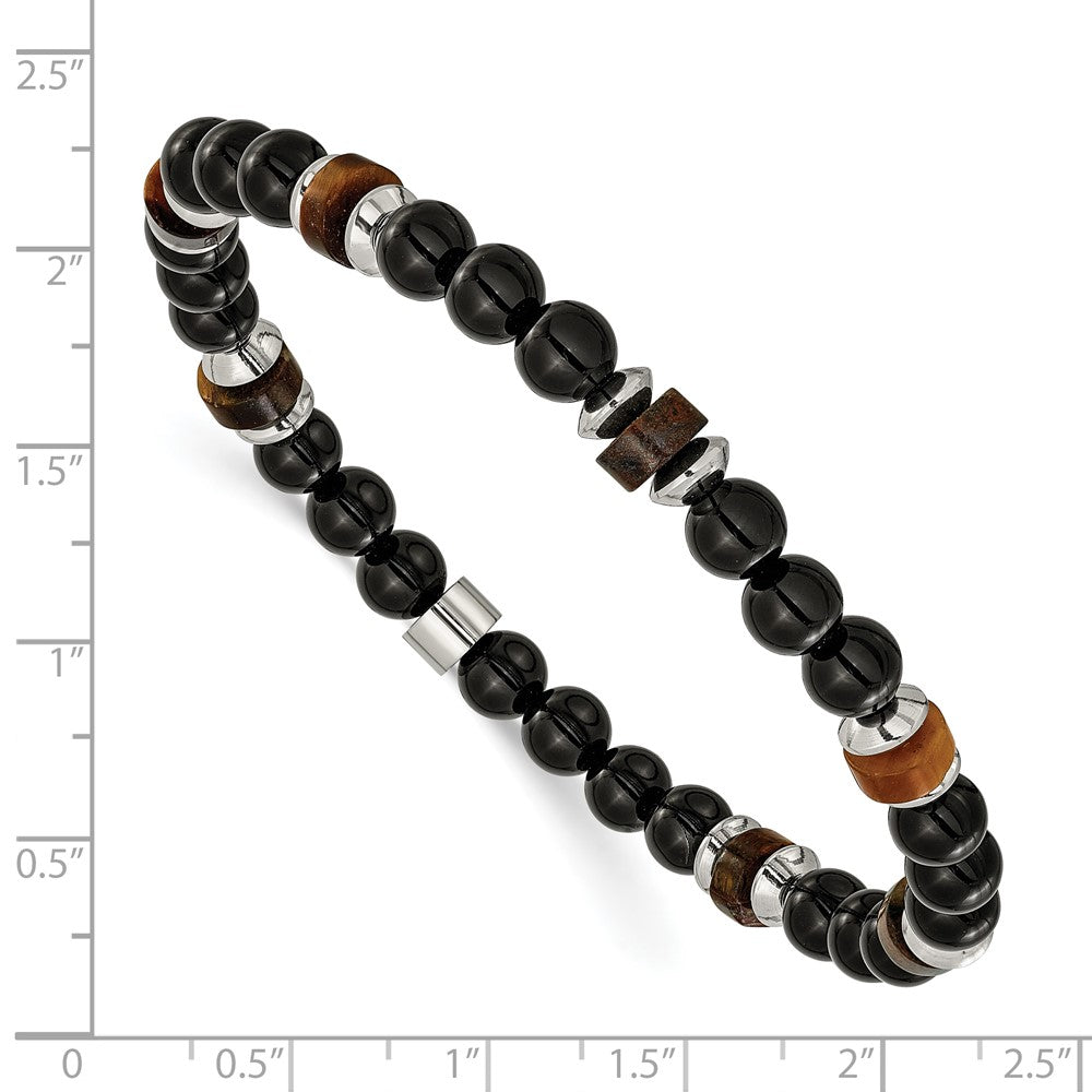 Chisel Stainless Steel Polished 6.710mm Black Onyx and Tiger's Eye Beaded 7.75 inch Stretch Bracelet 7.25 inches