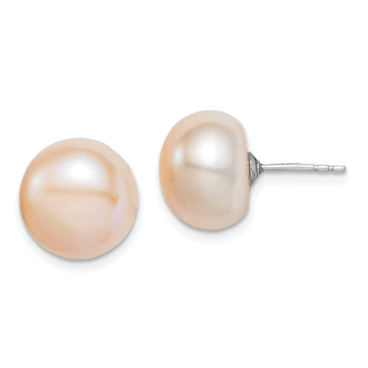 Sterling Silver Rhodium-plated 11-12mm Pink Button Freshwater Cultured Pearl Post Earrings