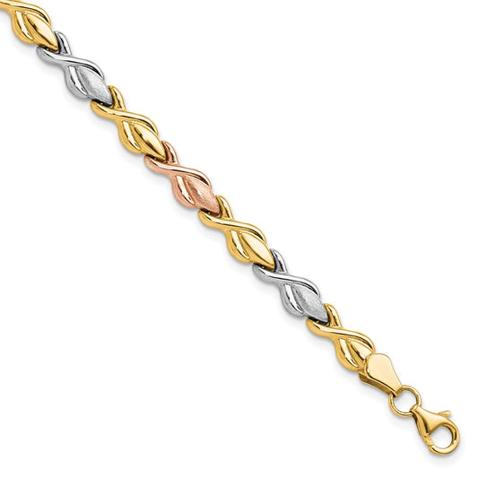 10k Tri-color Polished and Brushed Link Bracelet 7.5  inches