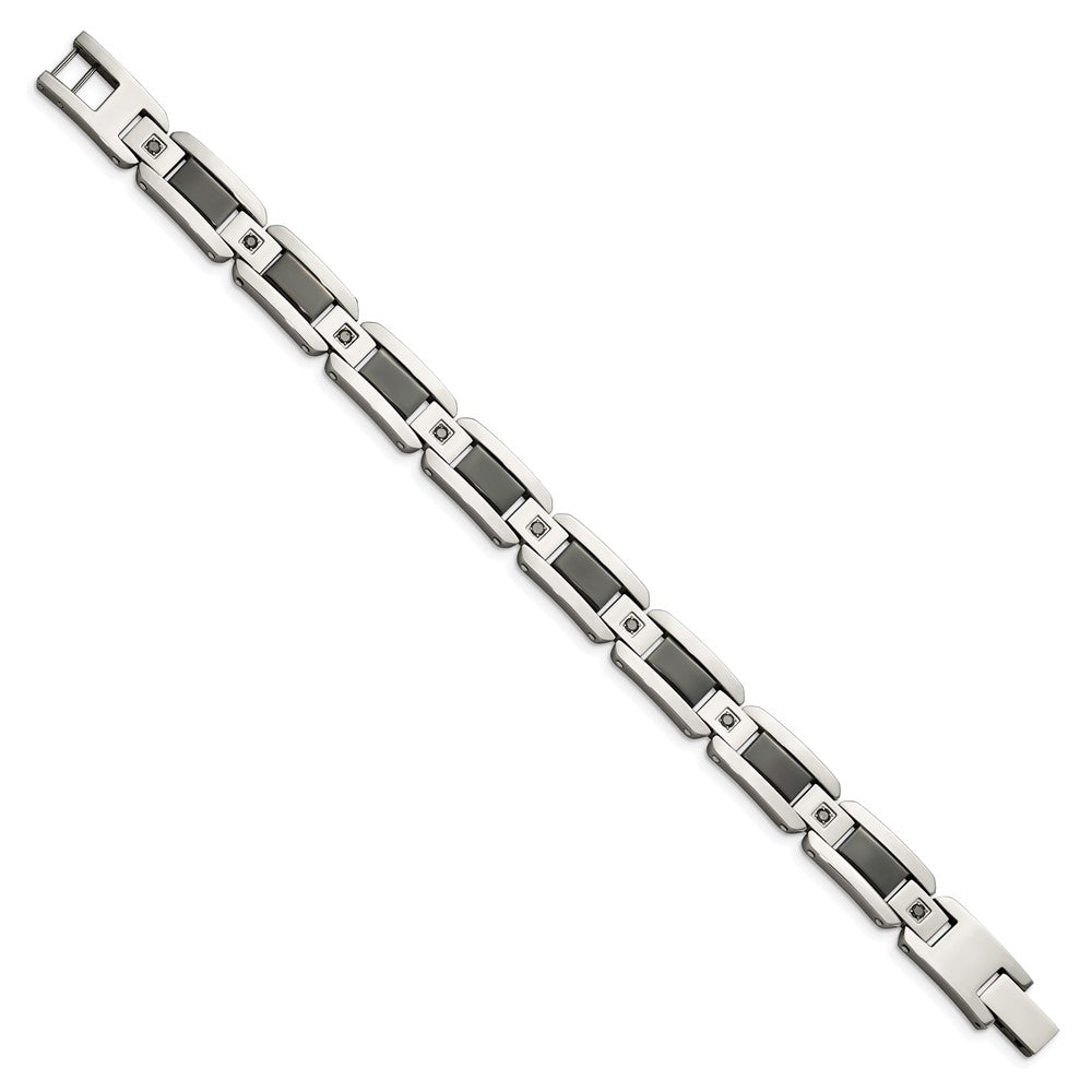 Stainless Steel Polished w/Black Enamel & Black Diamonds 8.75in Bracelet 8.75 inches
