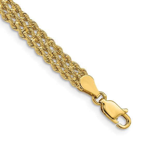14k 5.5mm Triple Strand Rope Bracelet 8  inches