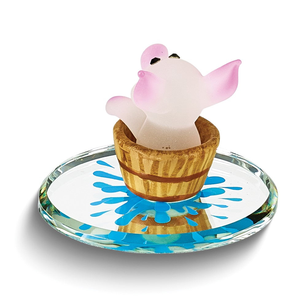 Glass Baron White and Pink Little Wee Pig Figurine in Brown Barrel On Hand Beveled Mirror Base Accented in Genuine Swarovski Crystal