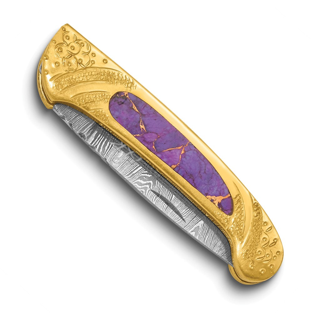 Luxury Giftware by Jere Damascus Steel 256 Layer Folding Blade Brass with Compressed Turquoise, Bronze and Purple Stone Resin Inlay Handle Knife with Leather Sheath and Wooden Gift Box