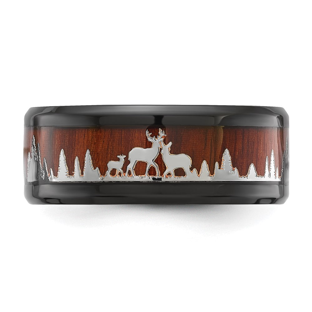 Chisel Stainless Steel Polished Black IP-plated with Wood Inlay Deer in Forest Design 9mm Band Size - 12.5