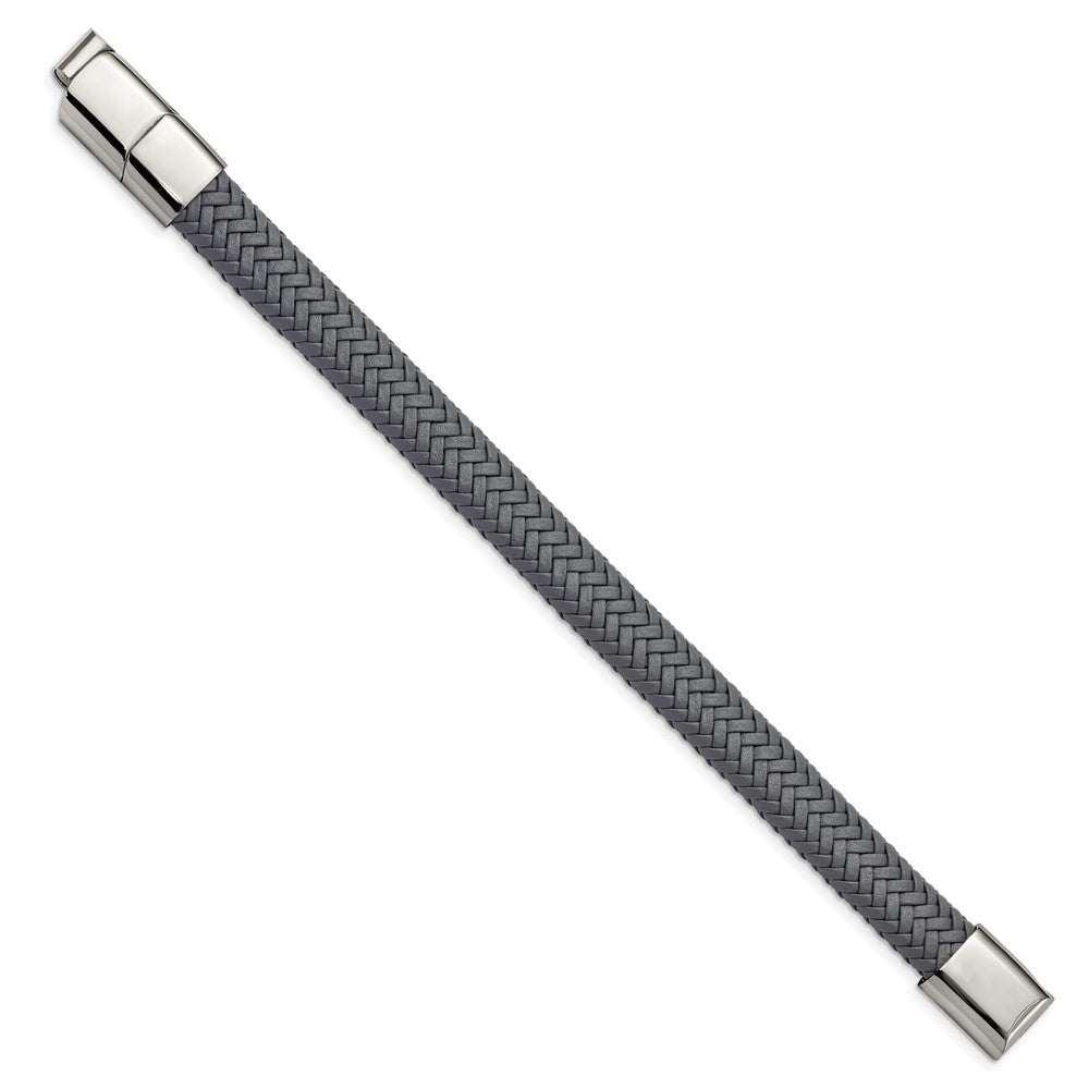Stainless Steel Polished Grey Woven Leather 8in w/.5in ext Bracelet 8 inches