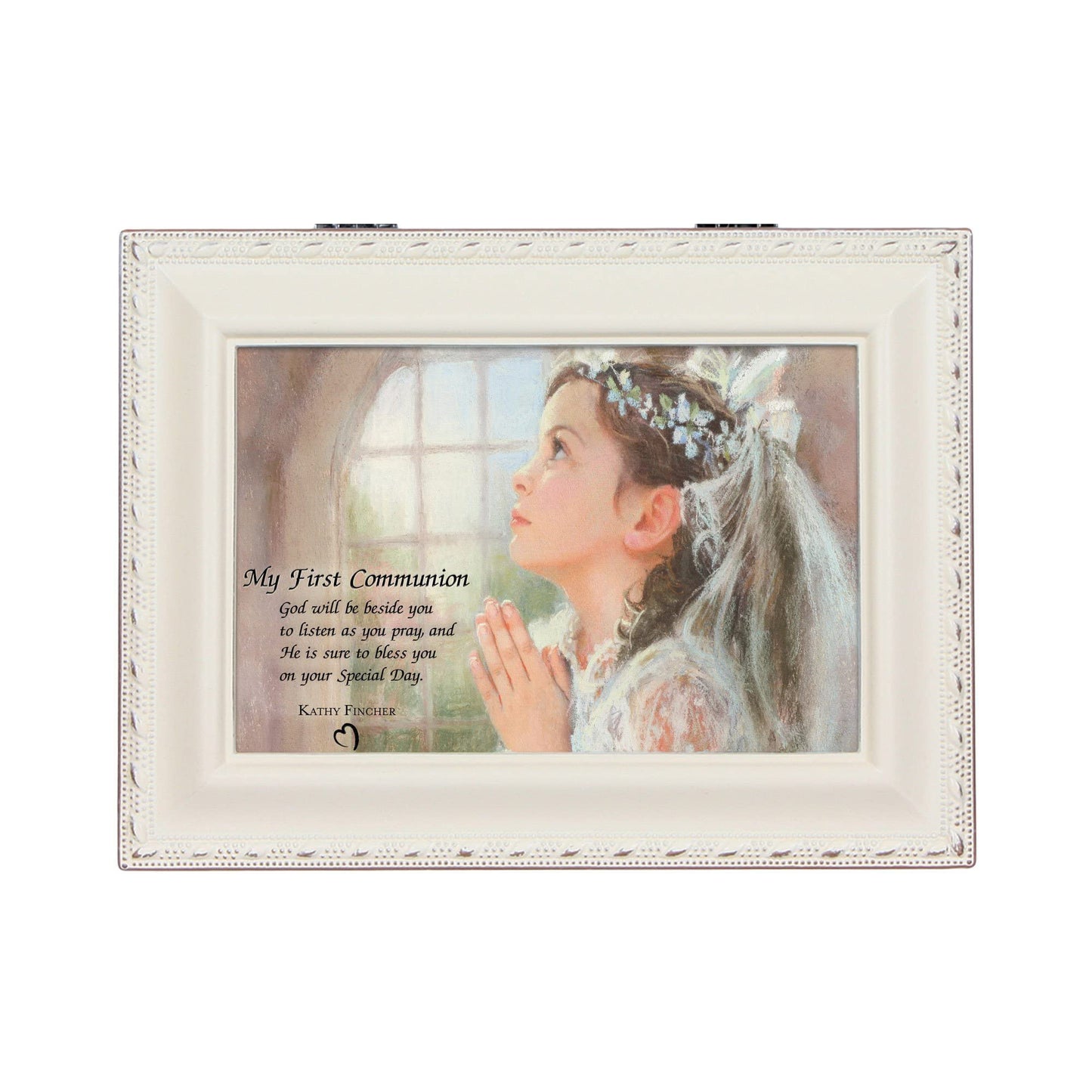 Cottage Garden First Communion Girl Ivory Jewelry Music Box Plays Tune Ave Maria