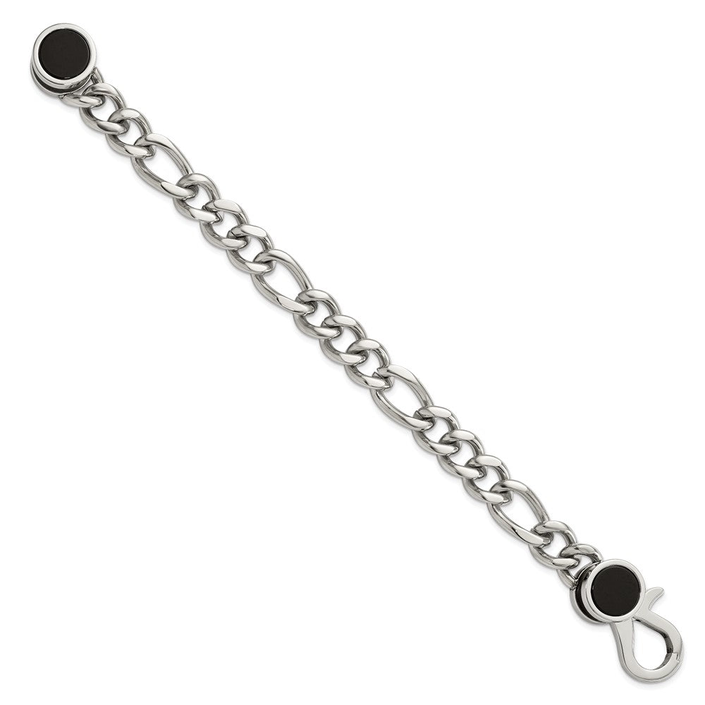 Stainless Steel Polished w/Black Agate Figaro Link 8in Bracelet 8 inches