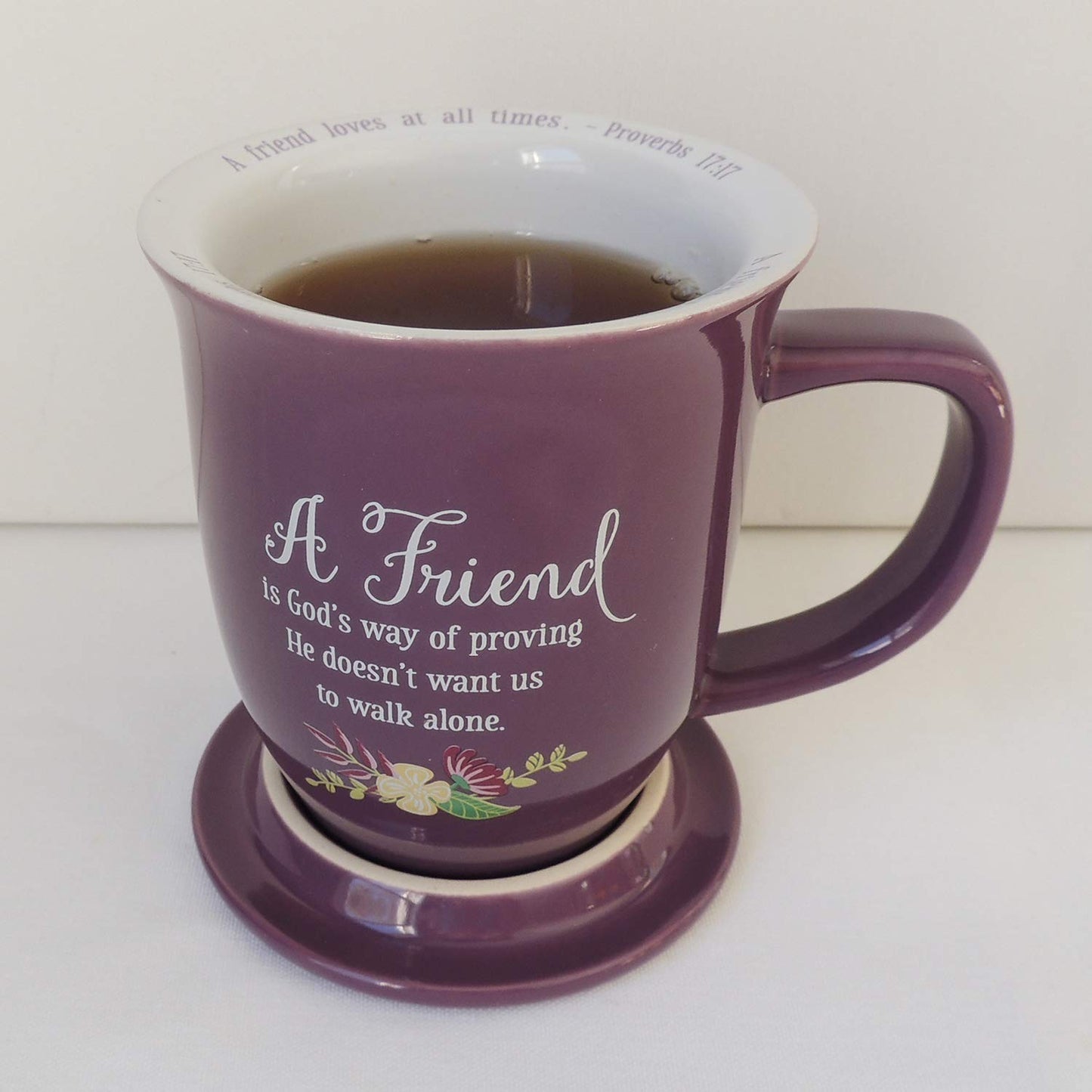 A FRIEND Proverbs 17:17 Purple Floral 14 oz. Ceramic Mug and Coaster Set Boxed QGM21144