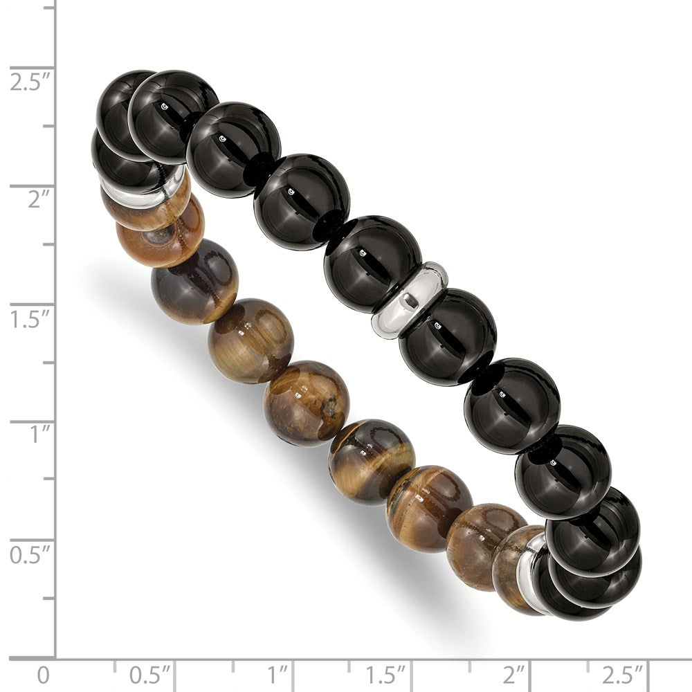 Stainless Steel Polished Black Agate and Tiger's Eye Stretch Bracelet 7.25 inches