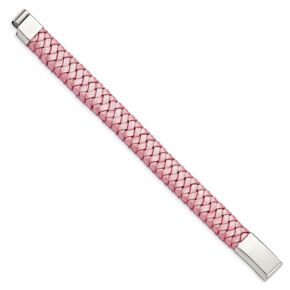 Stainless Steel Polished Metallic Pink Woven Leather 7.5in Bracelet 7.25 inches
