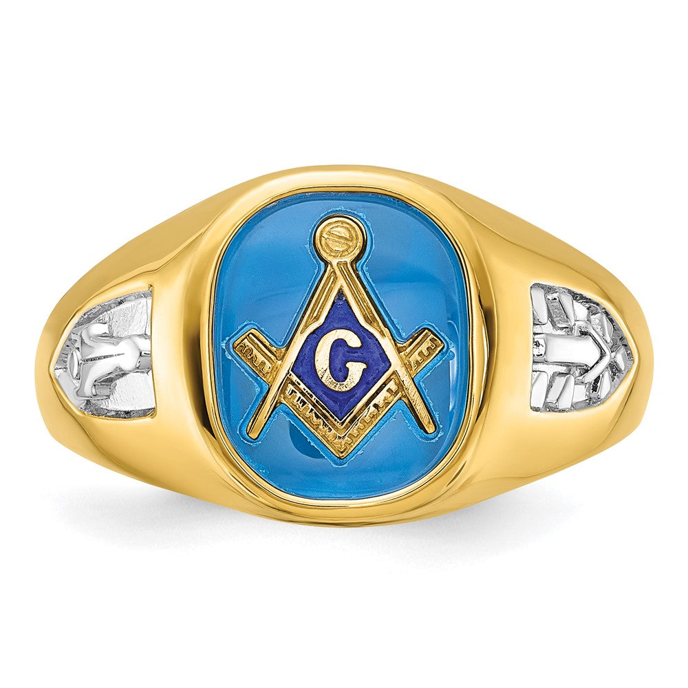 IBGoodman 14k with White Rhodium Men's Polished and Textured with Lab Created Sapphire Blue Lodge Master Masonic Ring Size 10