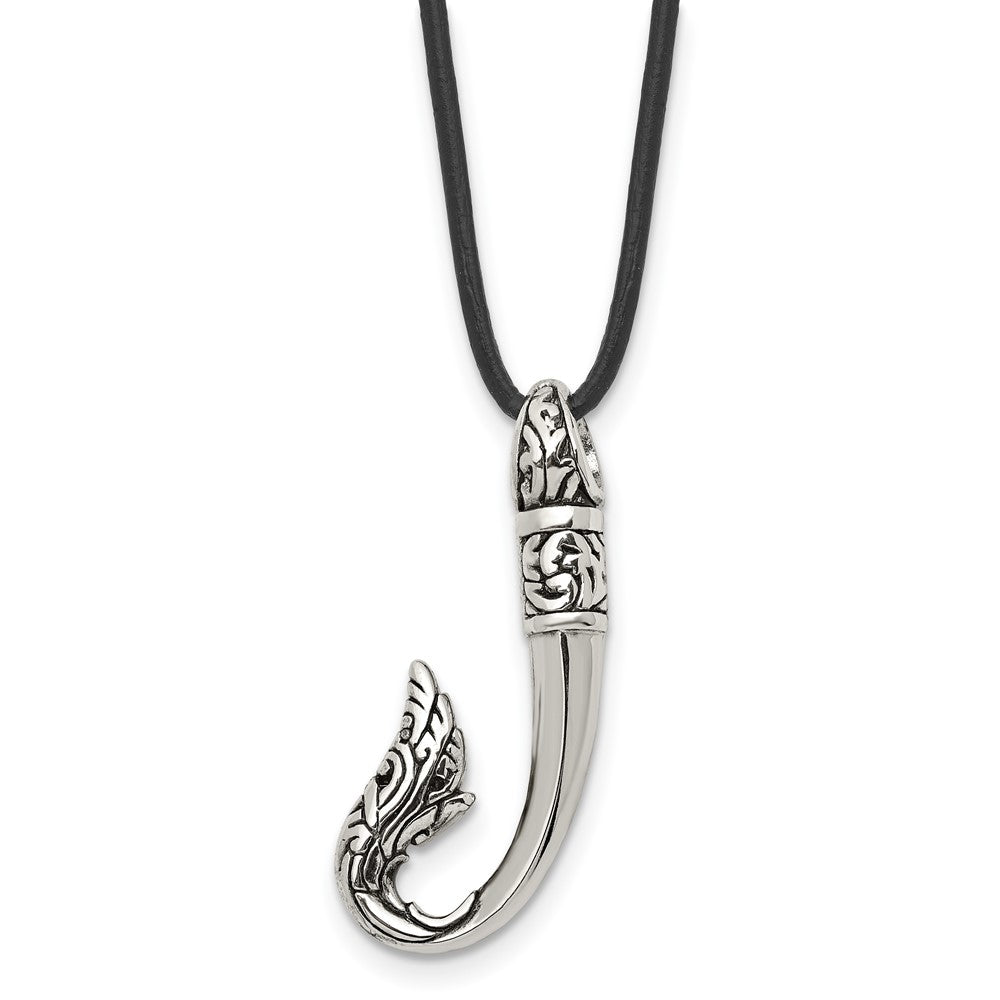Stainless Steel Antiqued and Polished Hook 20in Leather Necklace