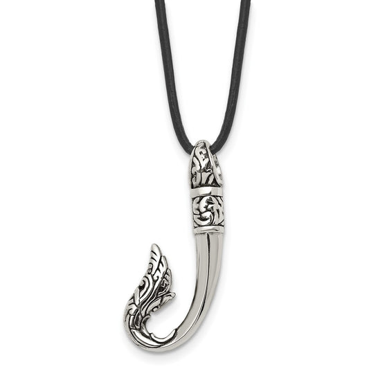 Stainless Steel Antiqued and Polished Hook 20in Leather Necklace
