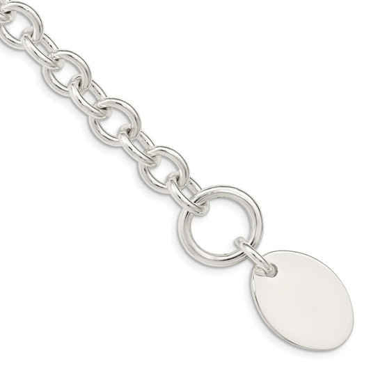 Sterling Silver Engraveable Oval Disc on Fancy Link Bracelet 7.5 inches