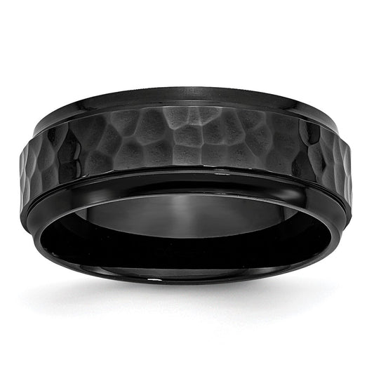 Stainless Steel Polished/Hammered Black IP-plated 8mm Beveled Edge Band Size - 9.5