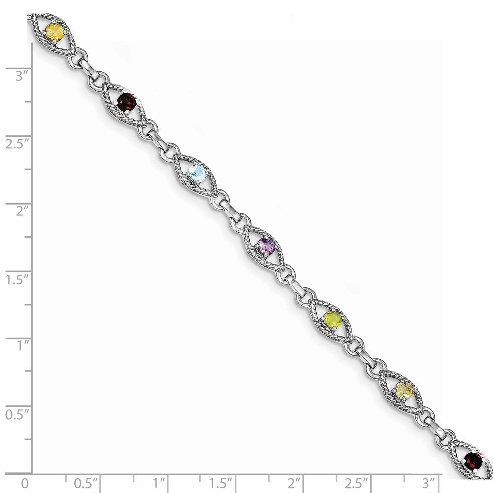 Sterling Silver 7in Rhod Plated Multicolored Gemstone Link Bracelet 7 inches