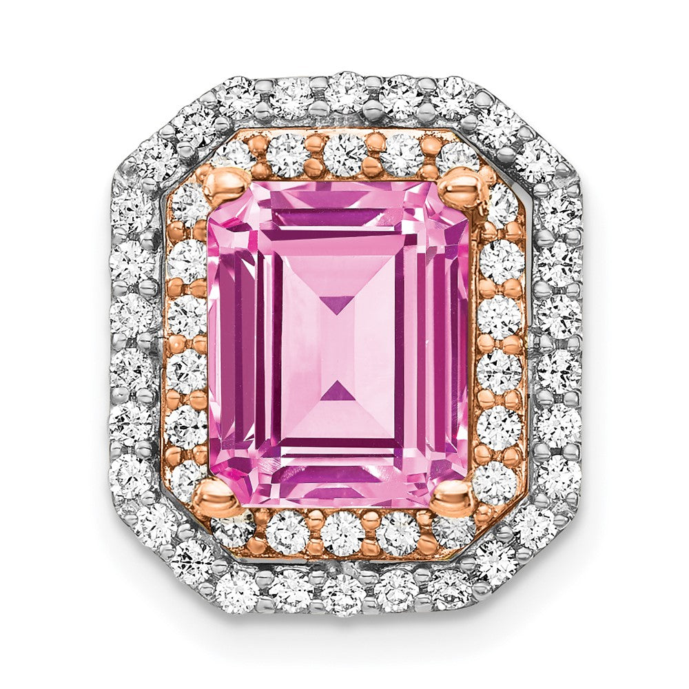 14k Two Tone Rose and White Gold 5/8 carat Lab Grown Diamond VS/SI+ G+ and Lab Created Pink Sapphire Chain Slide Pendant