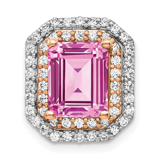 14k Two Tone Rose and White Gold 5/8 carat Lab Grown Diamond VS/SI+ G+ and Lab Created Pink Sapphire Chain Slide Pendant