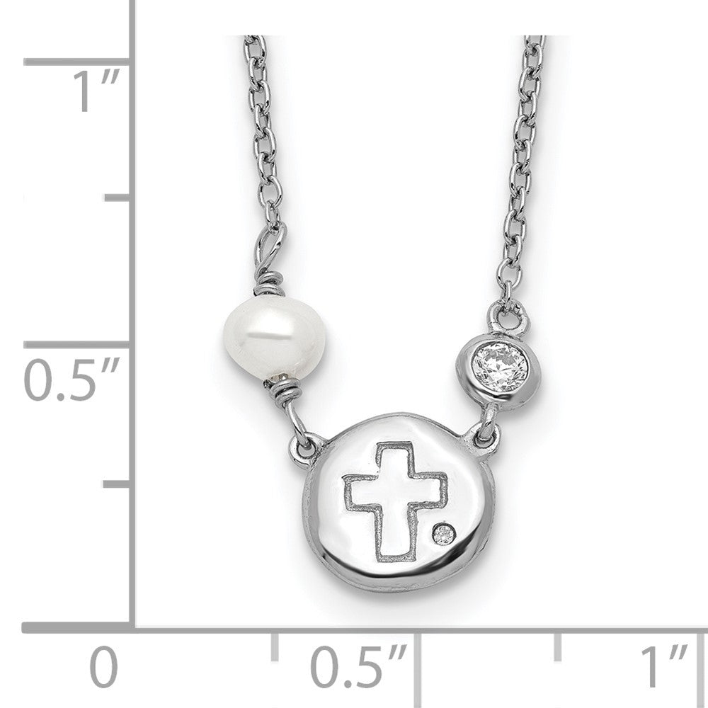Sterling Silver RH-plated CZ/Cross/FWC Pearl w/2in ext Necklace 16 Inches