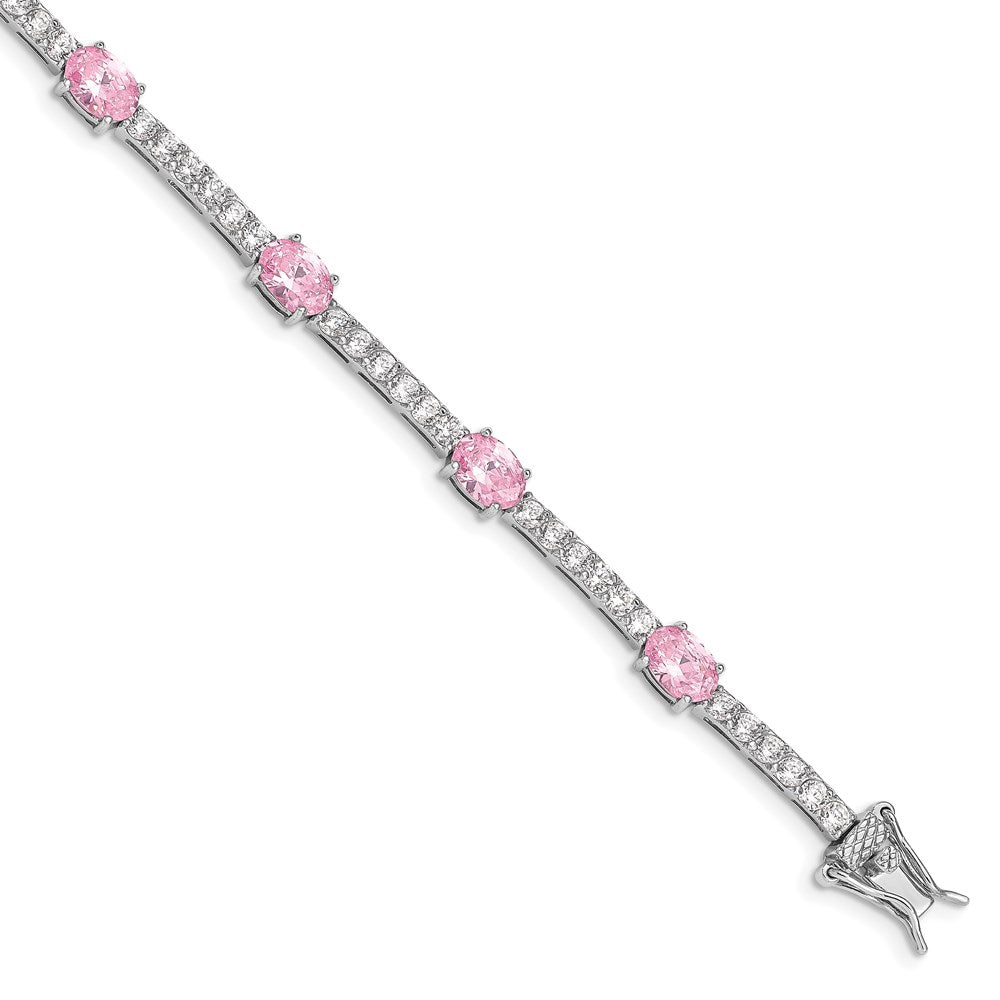 Sterling Silver Rhodium-plated 7inch Pink and Clear CZ Bracelet 7 inches