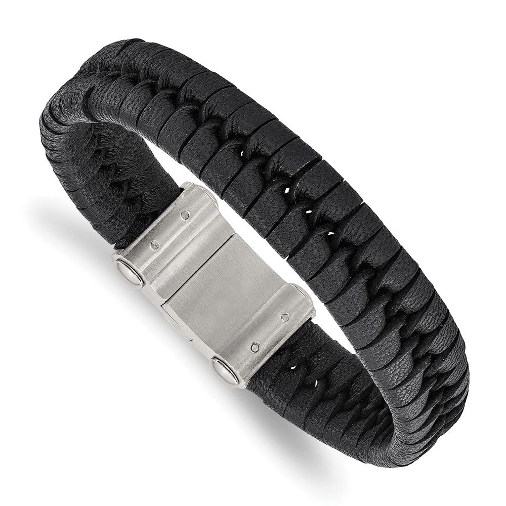 Stainless Steel Brushed Black Leather 8.5in Bracelet 8.5 inches