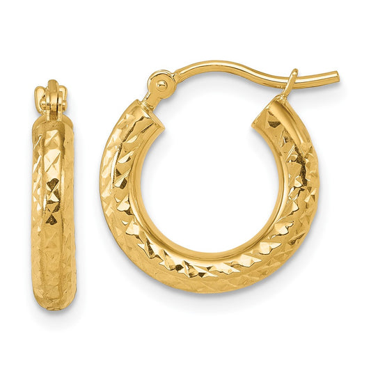 14k Diamond-cut 3mm Round Hoop Earrings