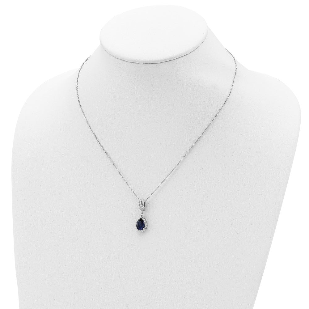 Cheryl M Sterling Silver Rhodium-plated Brilliant-cut Lab Created Dark Blue Spinel and Brilliant-cut White CZ Teardrop Halo 18 Inch Necklace 18 Inches