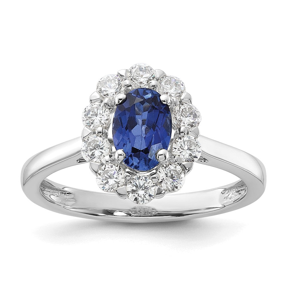 10k White Gold 5/8 carat Lab Grown Diamond VS/SI+ G+ and Oval Lab Created Blue Sapphire Halo Fashion Ring